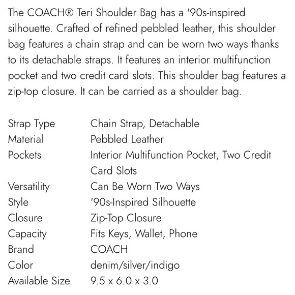 New: Coach Teri Shoulder Bag. Leather w Optional Shoulder Strap - Picture 16 of 16